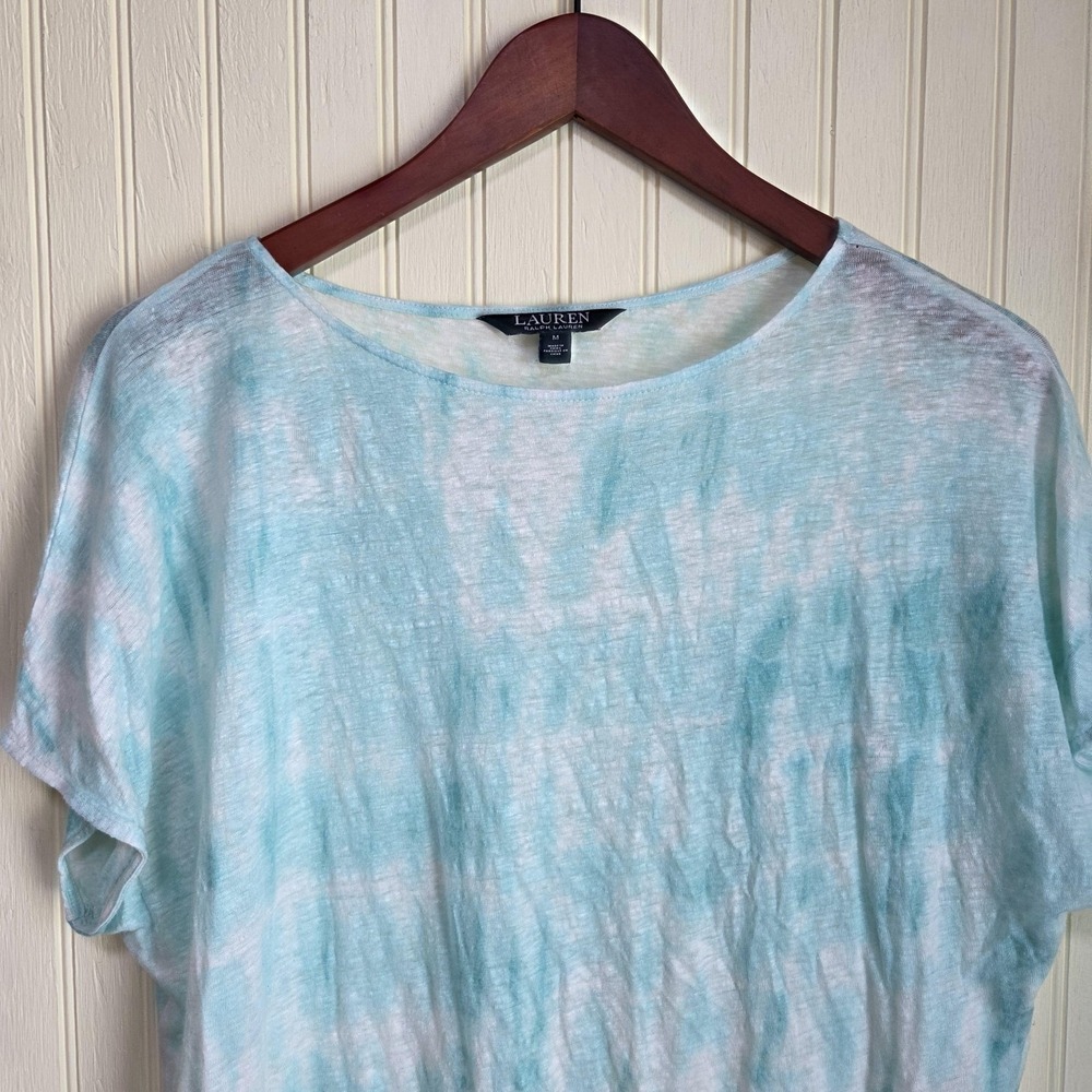 Lauren Ralph Lauren Shirt Womens Medium Blue Stripe Boat Neck Linen Top